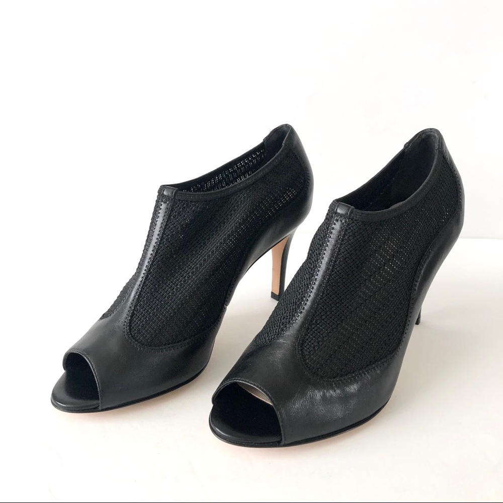 L.K. Bennett Lara Black Leather and Mesh Peep-Toe Slip On Heeled Booties Sz 6.5